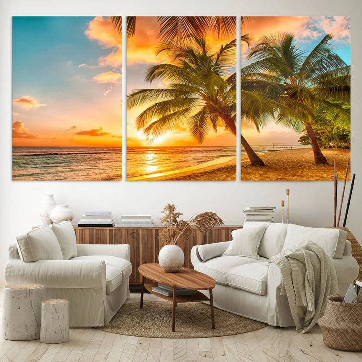 Tropical Sunset Beach Canvas Wall Art Print – Vibrant Palm Trees and Coastal Sunset Wall Decor for Home or Office – Ready to Hang