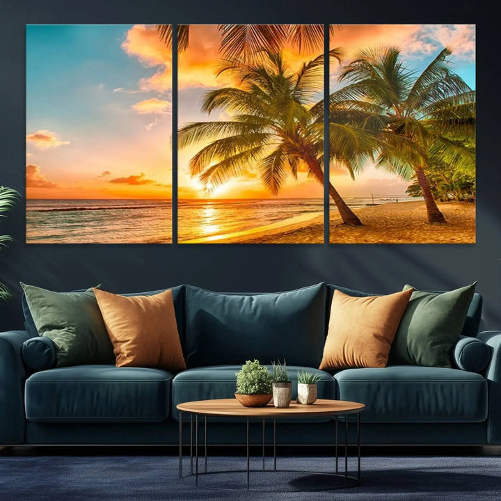 Tropical Sunset Beach Canvas Wall Art Print – Vibrant Palm Trees and Coastal Sunset Wall Decor for Home or Office – Ready to Hang