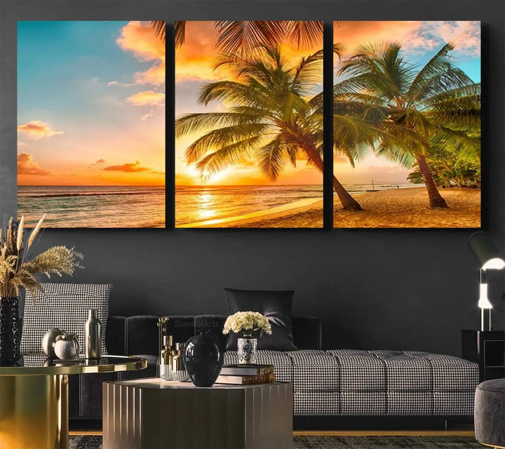 Tropical Sunset Beach Canvas Wall Art Print – Vibrant Palm Trees and Coastal Sunset Wall Decor for Home or Office – Ready to Hang
