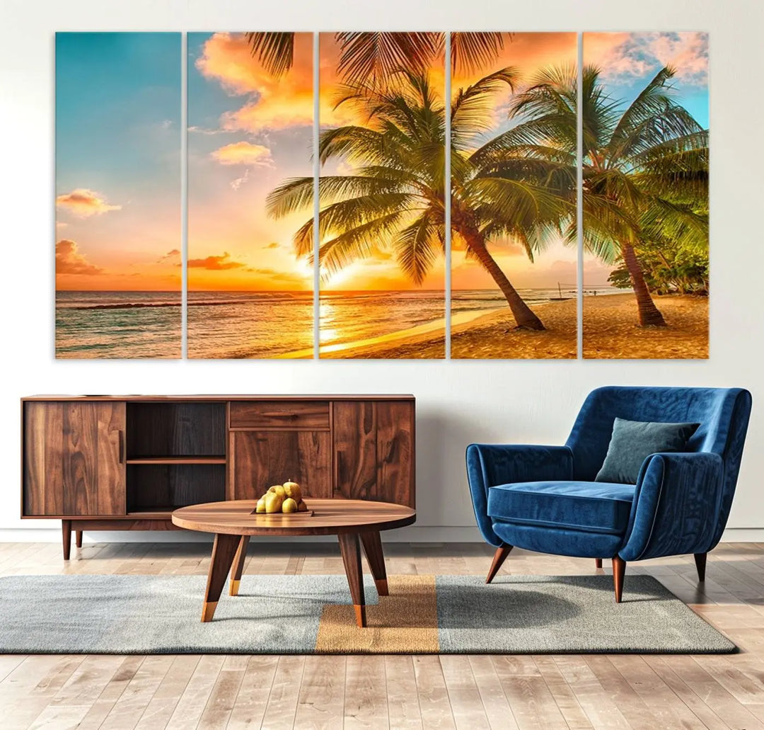 Tropical Sunset Beach Canvas Wall Art Print – Vibrant Palm Trees and Coastal Sunset Wall Decor for Home or Office – Ready to Hang