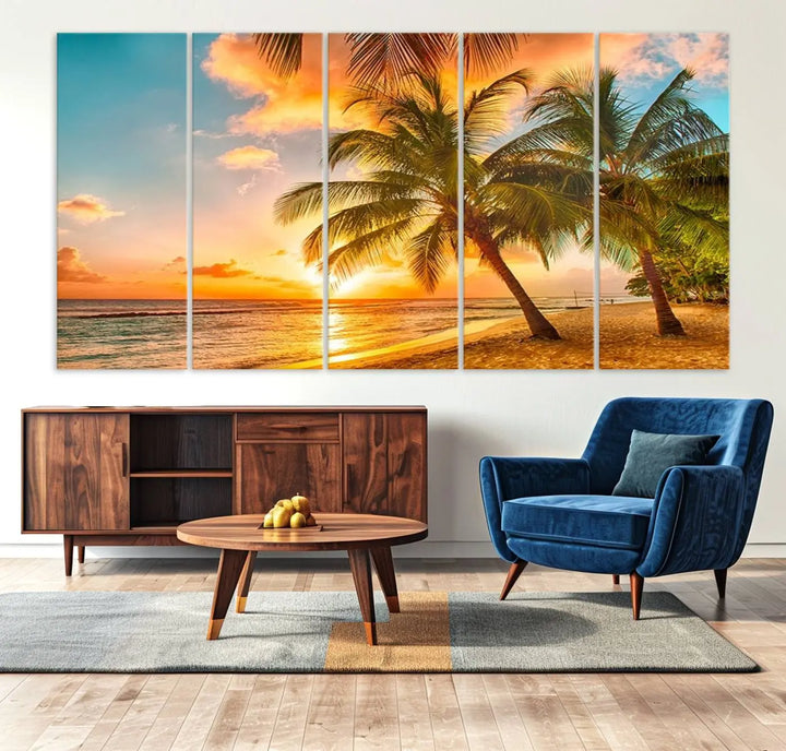 Tropical Sunset Beach Canvas Wall Art Print – Vibrant Palm Trees and Coastal Sunset Wall Decor for Home or Office – Ready to Hang