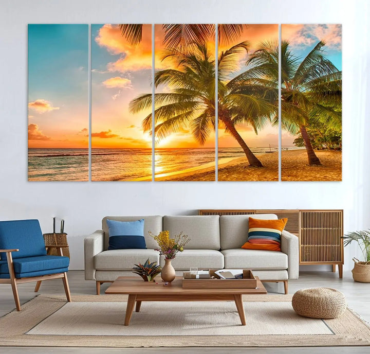 Tropical Sunset Beach Canvas Wall Art Print – Vibrant Palm Trees and Coastal Sunset Wall Decor for Home or Office – Ready to Hang