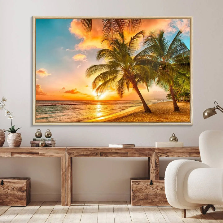 Tropical Sunset Beach Canvas Wall Art Print – Vibrant Palm Trees and Coastal Sunset Wall Decor for Home or Office – Ready to Hang
