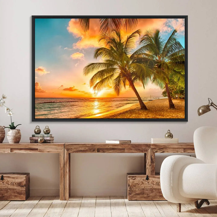 The Tropical Sunset Beach Canvas Wall Art Print hangs prominently on the wall.