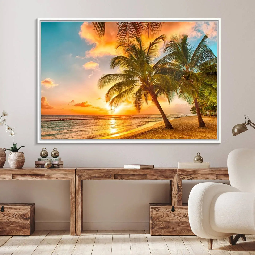 The Tropical Sunset Beach Canvas Wall Art Print hangs prominently on the wall.