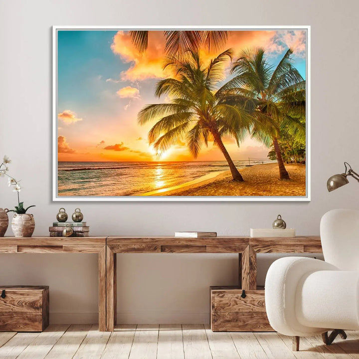 The Tropical Sunset Beach Canvas Wall Art Print hangs prominently on the wall.