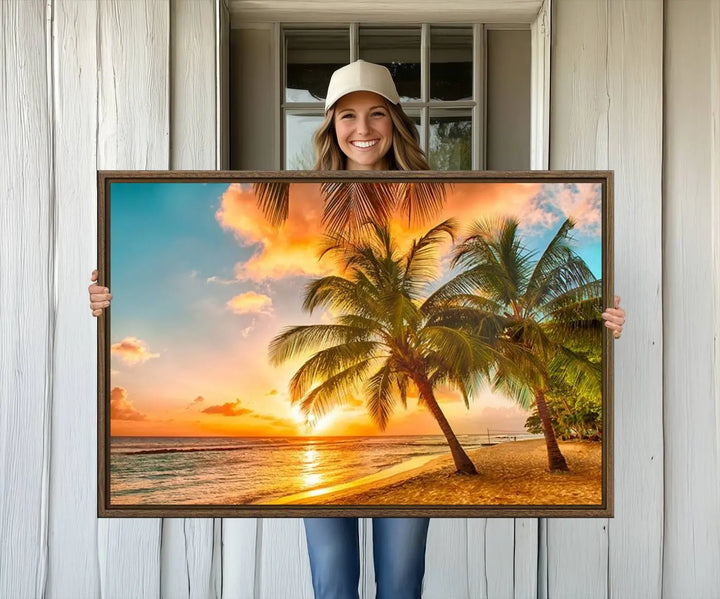 The Tropical Sunset Beach Canvas Wall Art Print hangs prominently on the wall.