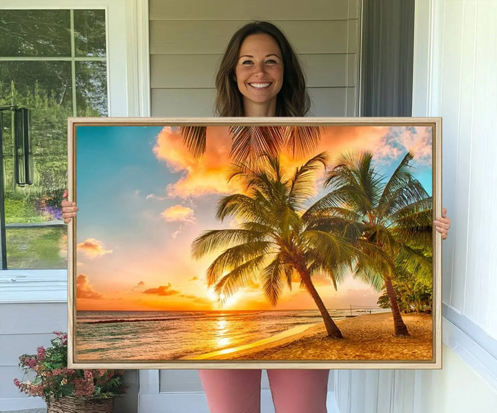 The Tropical Sunset Beach Canvas Wall Art Print hangs prominently on the wall.