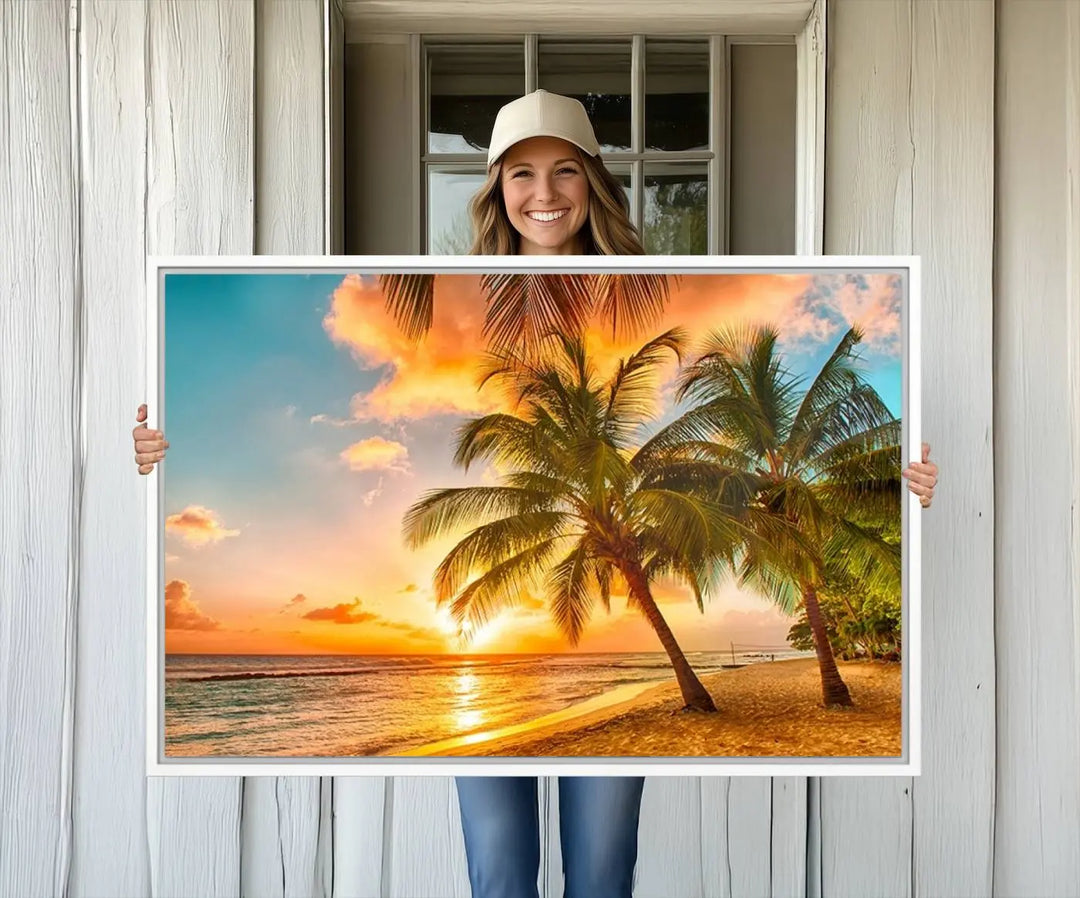 The Tropical Sunset Beach Canvas Wall Art Print hangs prominently on the wall.