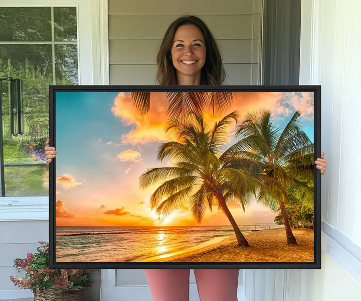 The Tropical Sunset Beach Canvas Wall Art Print hangs prominently on the wall.