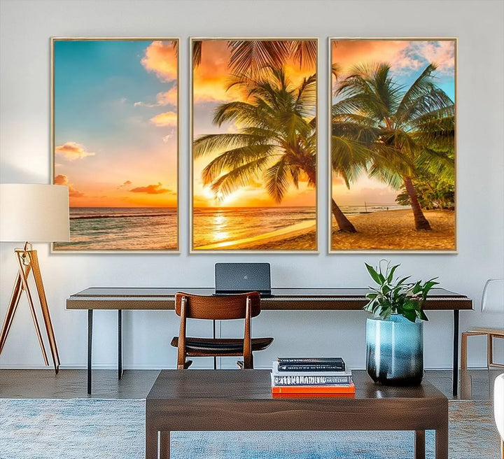 The Tropical Sunset Beach Canvas Wall Art Print hangs prominently on the wall.