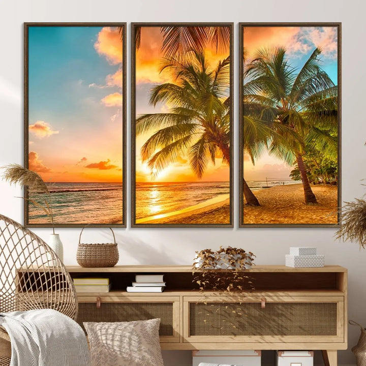 The Tropical Sunset Beach Canvas Wall Art Print hangs prominently on the wall.