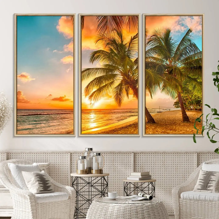 The Tropical Sunset Beach Canvas Wall Art Print hangs prominently on the wall.