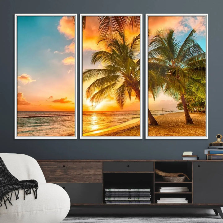 The Tropical Sunset Beach Canvas Wall Art Print hangs prominently on the wall.