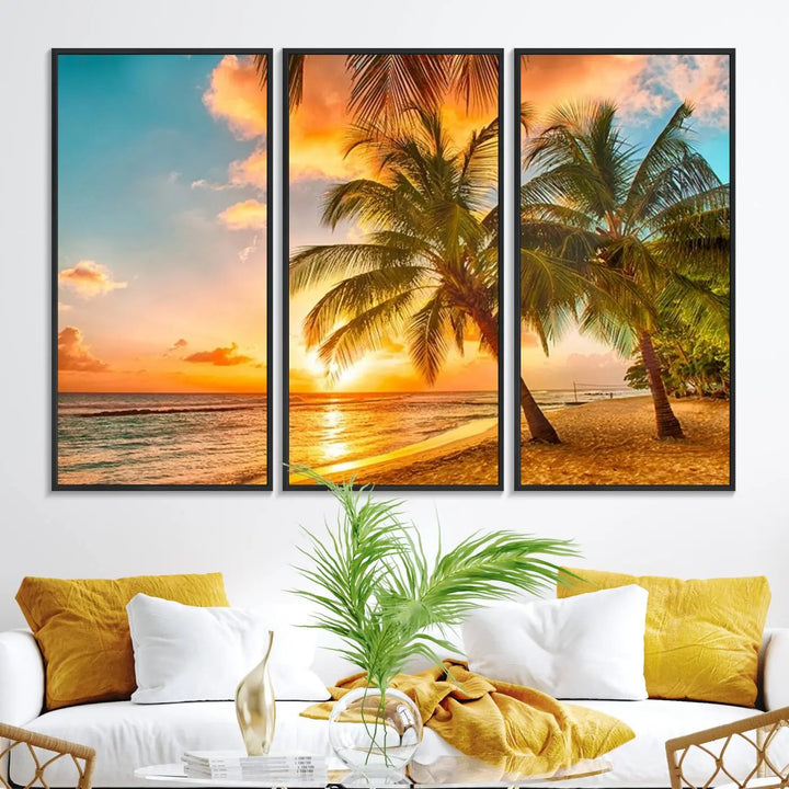 The Tropical Sunset Beach Canvas Wall Art Print hangs prominently on the wall.