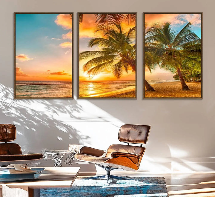 The Tropical Sunset Beach Canvas Wall Art Print hangs prominently on the wall.