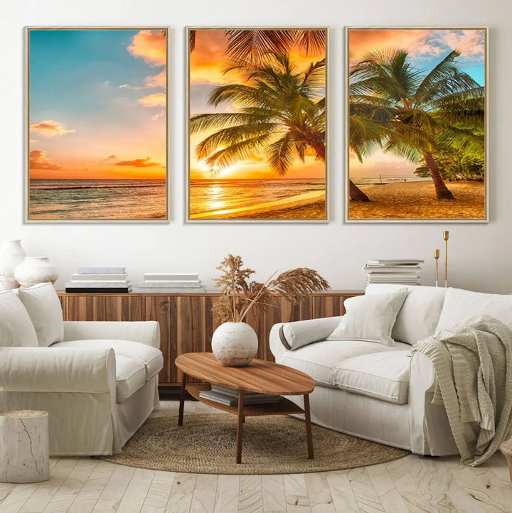The Tropical Sunset Beach Canvas Wall Art Print hangs prominently on the wall.