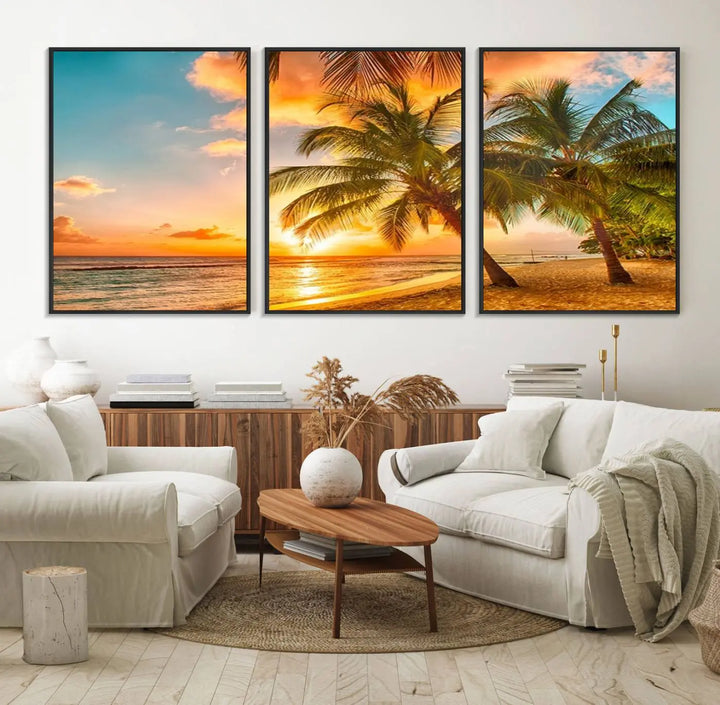 The Tropical Sunset Beach Canvas Wall Art Print hangs prominently on the wall.