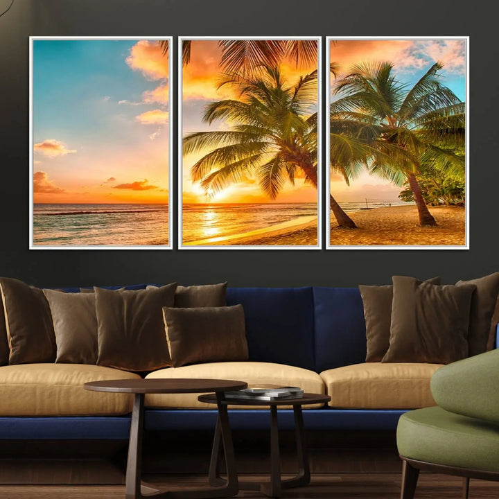The Tropical Sunset Beach Canvas Wall Art Print hangs prominently on the wall.