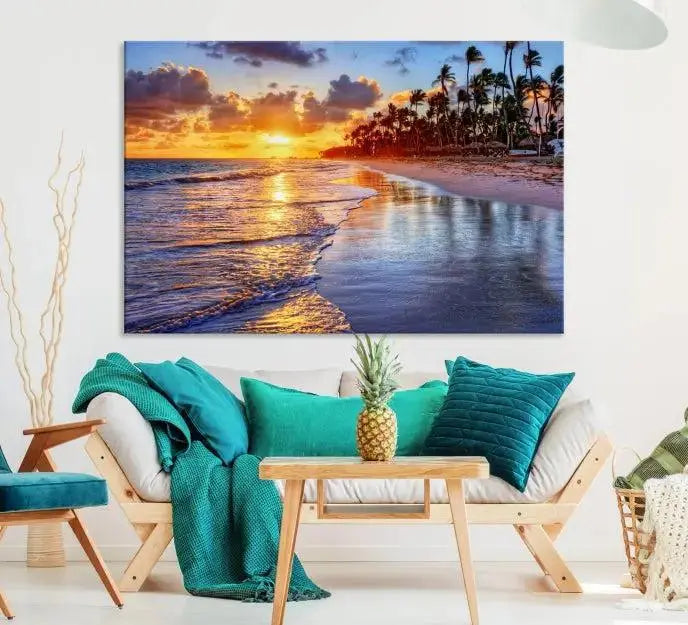 The Tropical Sunset Beach Canvas Wall Art – Coastal Triptych Landscape Print enhances the contemporary living room.