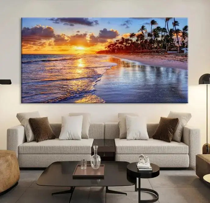 The Tropical Sunset Beach Canvas Wall Art – Coastal Triptych Landscape Print enhances the contemporary living room.