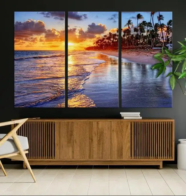 The Tropical Sunset Beach Canvas Wall Art – Coastal Triptych Landscape Print enhances the contemporary living room.