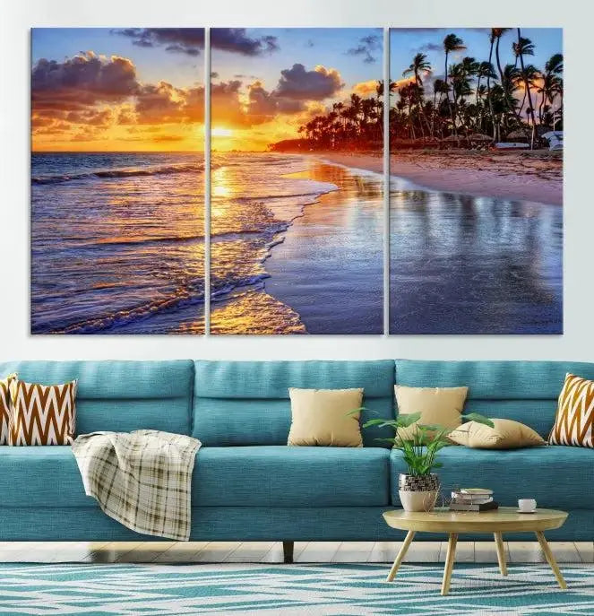 The Tropical Sunset Beach Canvas Wall Art – Coastal Triptych Landscape Print enhances the contemporary living room.