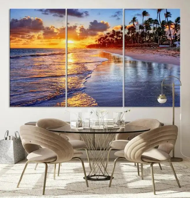 The Tropical Sunset Beach Canvas Wall Art – Coastal Triptych Landscape Print enhances the contemporary living room.