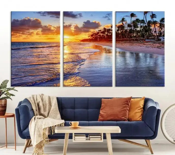 The Tropical Sunset Beach Canvas Wall Art – Coastal Triptych Landscape Print enhances the contemporary living room.