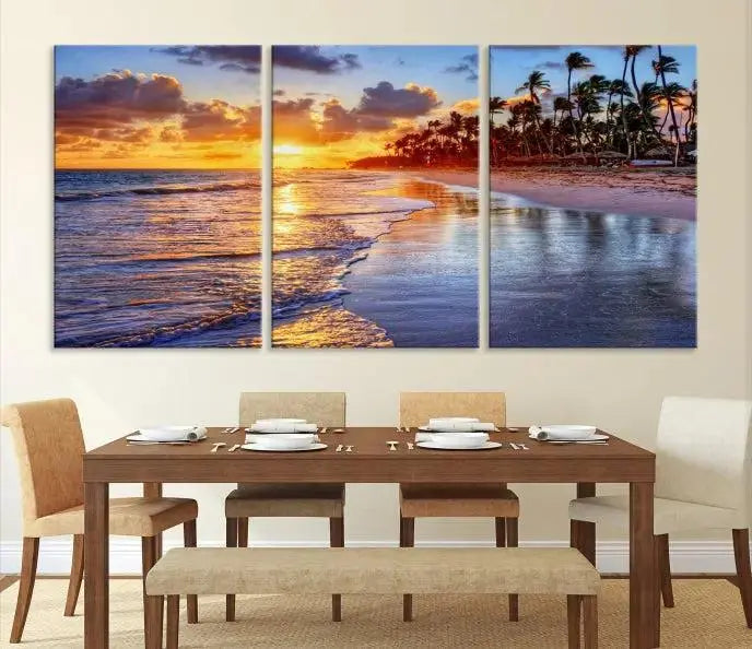 The Tropical Sunset Beach Canvas Wall Art – Coastal Triptych Landscape Print enhances the contemporary living room.