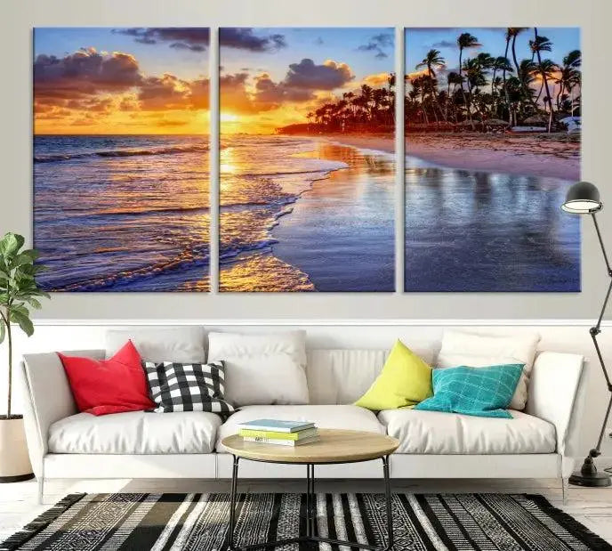 The Tropical Sunset Beach Canvas Wall Art – Coastal Triptych Landscape Print enhances the contemporary living room.