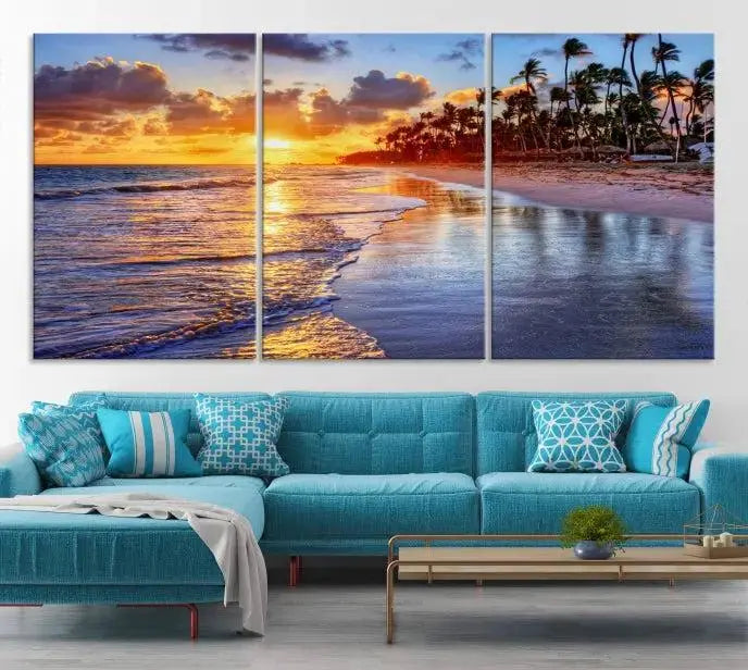 The Tropical Sunset Beach Canvas Wall Art – Coastal Triptych Landscape Print enhances the contemporary living room.