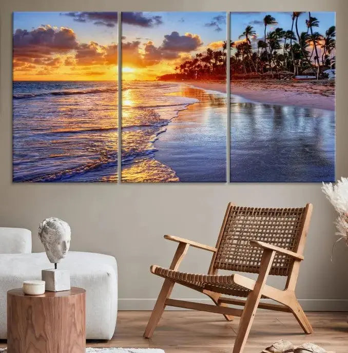 The Tropical Sunset Beach Canvas Wall Art – Coastal Triptych Landscape Print enhances the contemporary living room.