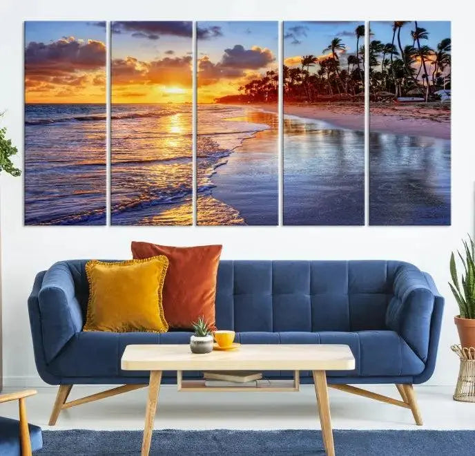 The Tropical Sunset Beach Canvas Wall Art – Coastal Triptych Landscape Print enhances the contemporary living room.