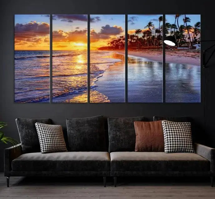 The Tropical Sunset Beach Canvas Wall Art – Coastal Triptych Landscape Print enhances the contemporary living room.