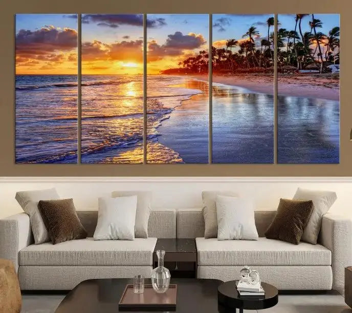 The Tropical Sunset Beach Canvas Wall Art – Coastal Triptych Landscape Print enhances the contemporary living room.