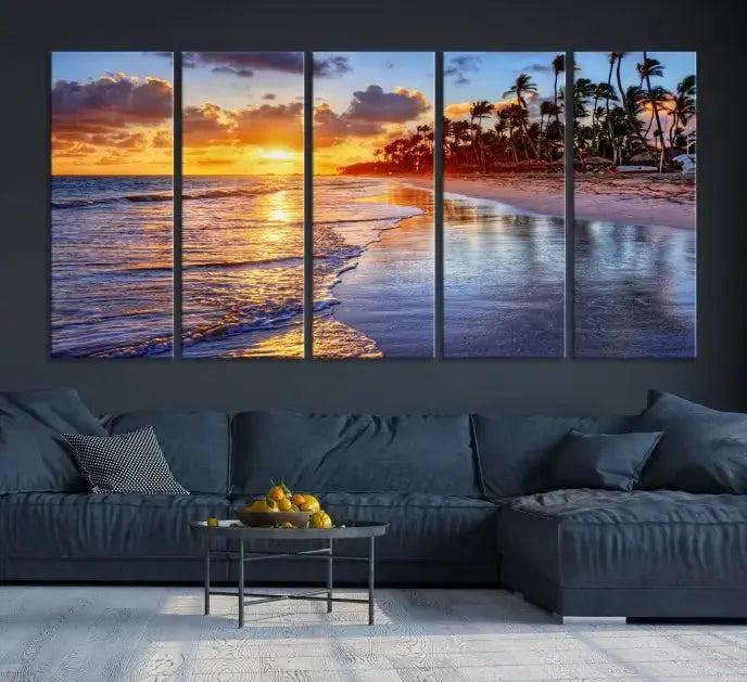 The Tropical Sunset Beach Canvas Wall Art – Coastal Triptych Landscape Print enhances the contemporary living room.