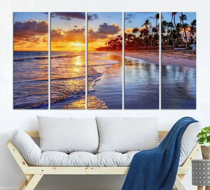 The Tropical Sunset Beach Canvas Wall Art – Coastal Triptych Landscape Print enhances the contemporary living room.