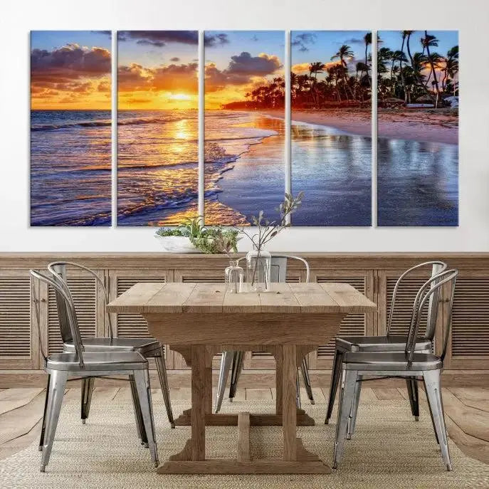 The Tropical Sunset Beach Canvas Wall Art – Coastal Triptych Landscape Print enhances the contemporary living room.