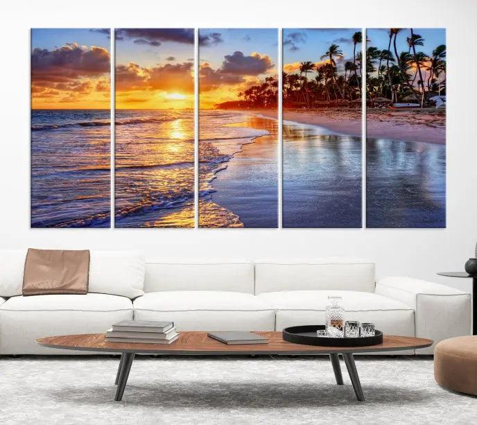 The Tropical Sunset Beach Canvas Wall Art – Coastal Triptych Landscape Print enhances the contemporary living room.