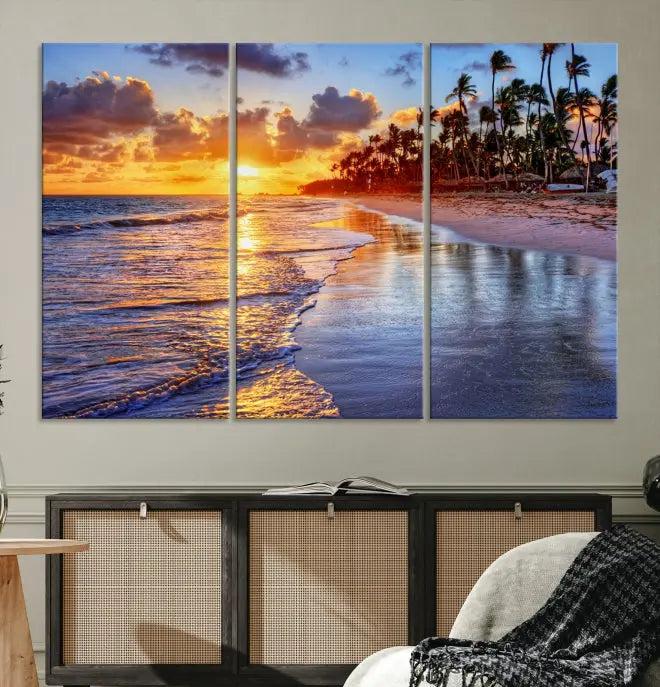 The Tropical Sunset Beach Canvas Wall Art – Coastal Triptych Landscape Print enhances the contemporary living room.