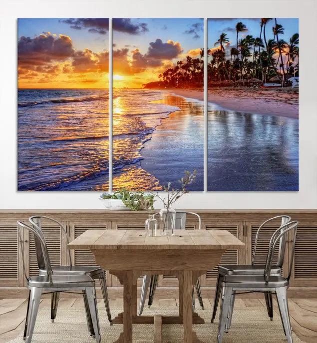 The Tropical Sunset Beach Canvas Wall Art – Coastal Triptych Landscape Print enhances the contemporary living room.