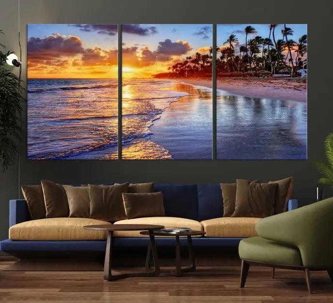 The Tropical Sunset Beach Canvas Wall Art – Coastal Triptych Landscape Print enhances the contemporary living room.