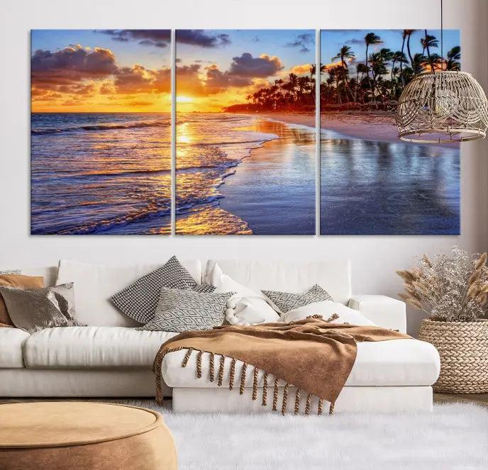 The Tropical Sunset Beach Canvas Wall Art – Coastal Triptych Landscape Print enhances the contemporary living room.