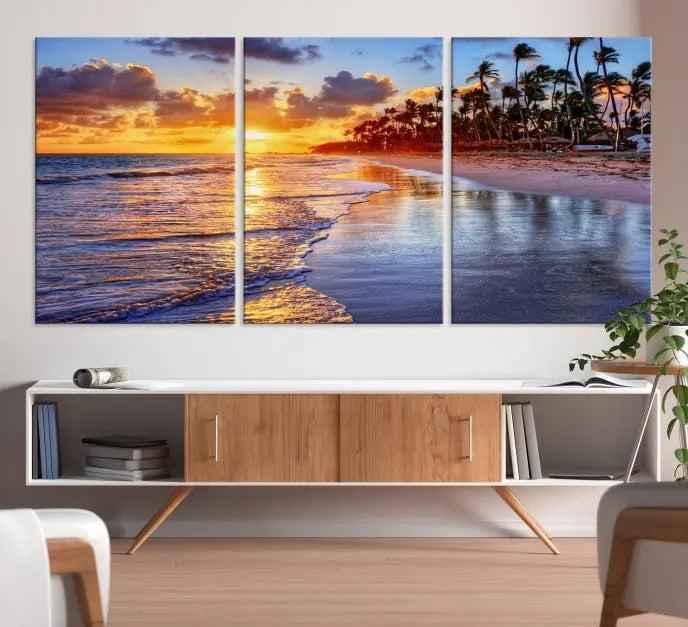 The Tropical Sunset Beach Canvas Wall Art – Coastal Triptych Landscape Print enhances the contemporary living room.