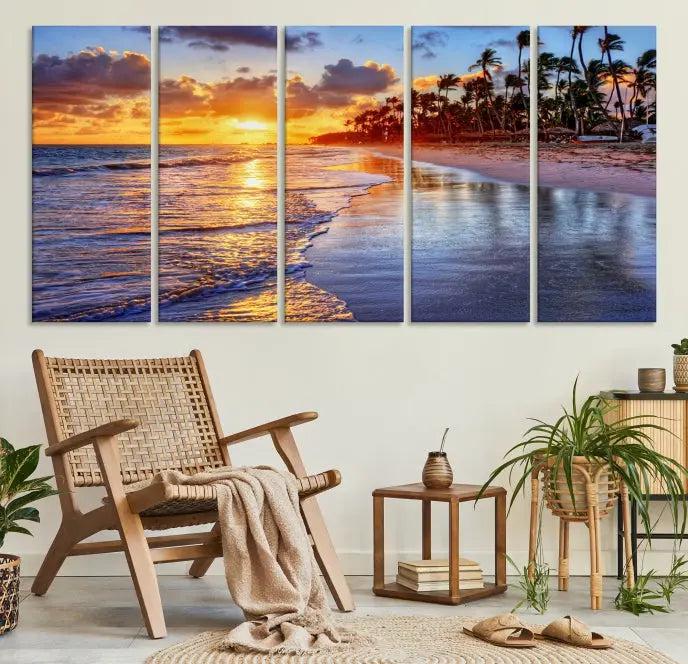 The Tropical Sunset Beach Canvas Wall Art – Coastal Triptych Landscape Print enhances the contemporary living room.