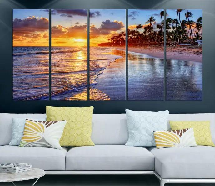 The Tropical Sunset Beach Canvas Wall Art – Coastal Triptych Landscape Print enhances the contemporary living room.