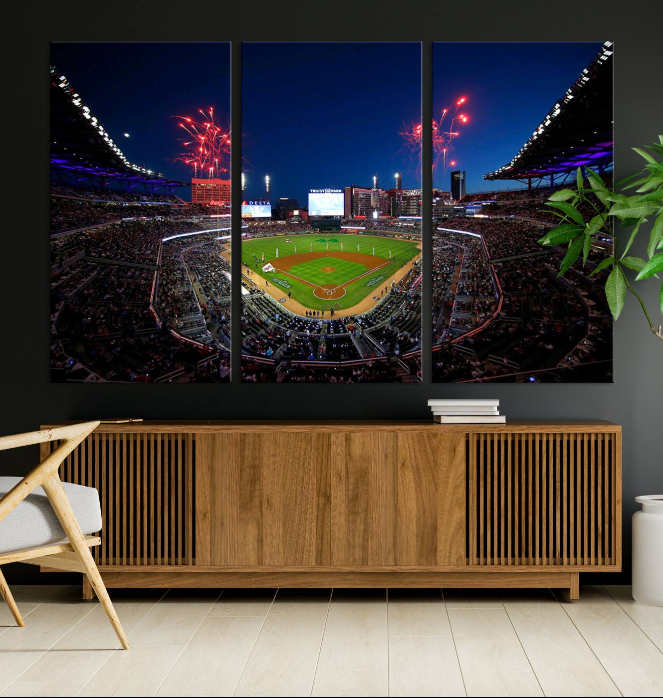 50582-MGV-CV-36X24-Truist Park Atlanta Braves Baseball Stadium Wall Art Print | Large 3-Panel Canvas Print for Sports Fans | Framed, Ready-to-Hang Baseball
