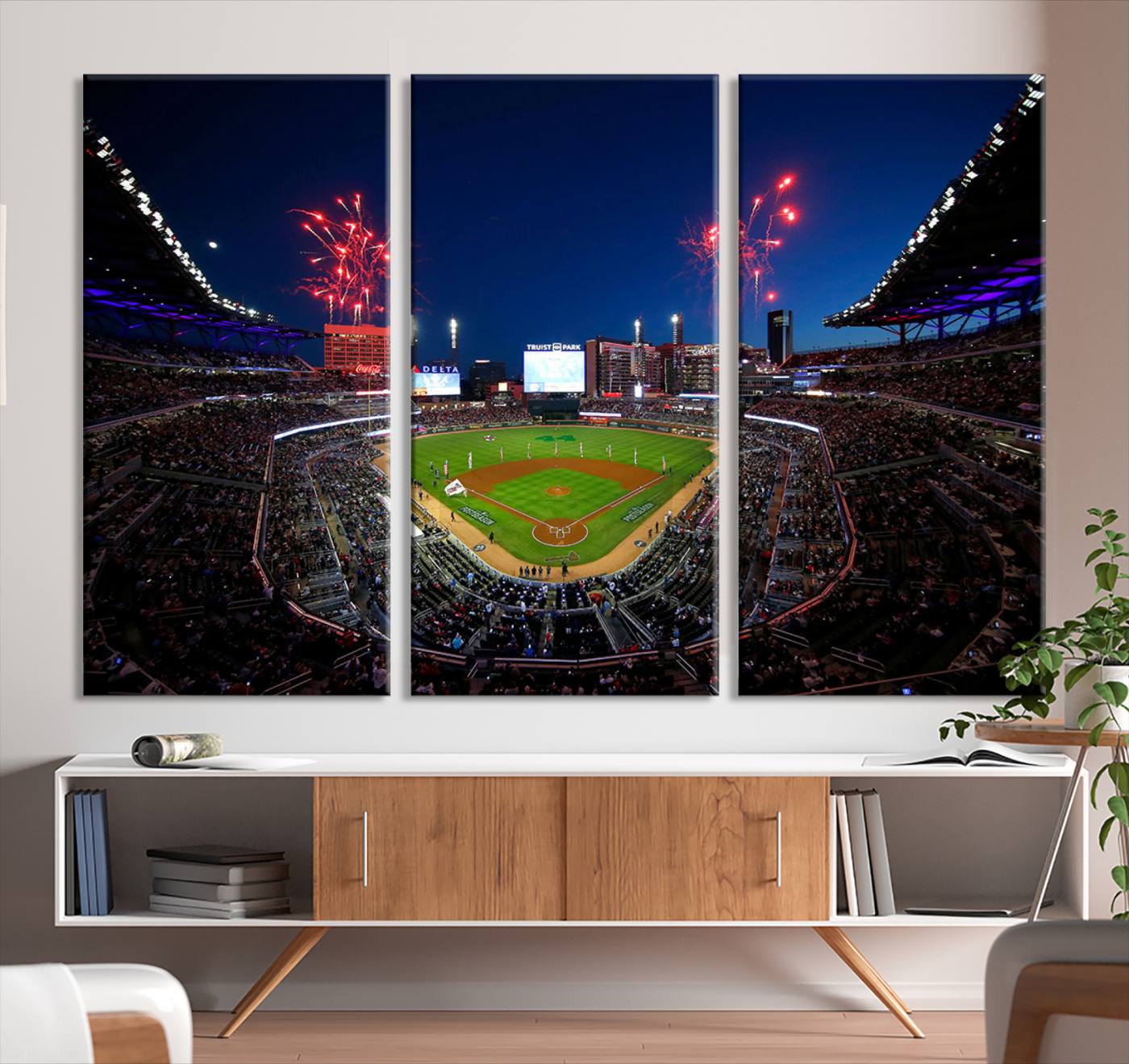 50582-MGV-CV-36X24-Truist Park Atlanta Braves Baseball Stadium Wall Art Print | Large 3-Panel Canvas Print for Sports Fans | Framed, Ready-to-Hang Baseball