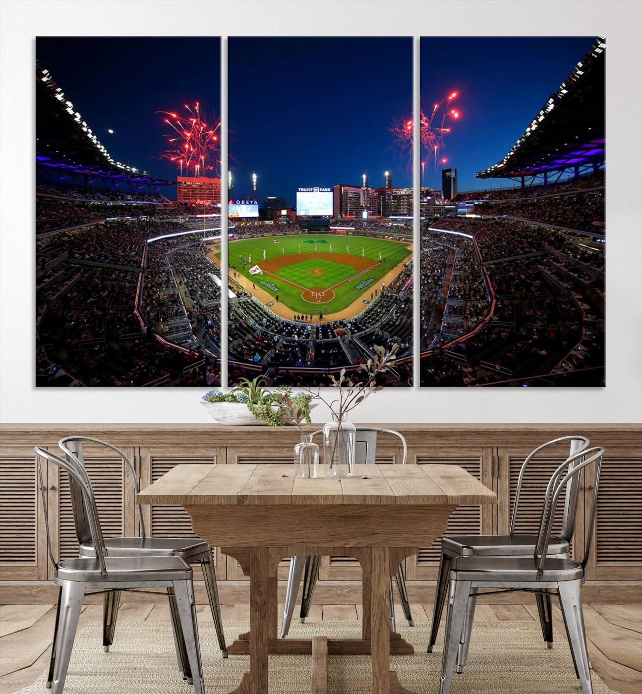 50582-MGV-CV-36X24-Truist Park Atlanta Braves Baseball Stadium Wall Art Print | Large 3-Panel Canvas Print for Sports Fans | Framed, Ready-to-Hang Baseball